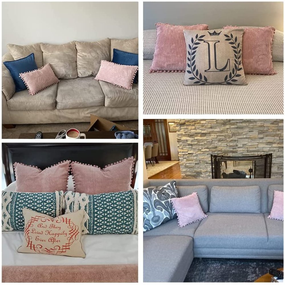 Coral Pink Corduroy Luxury Velvet Pompom Bed/Sofa Throw Pillow Cover/Case Set - Picture 6 of 8